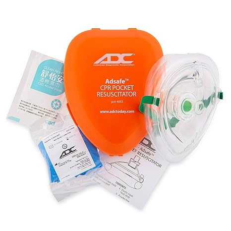 ADC Adsafe CPR قناع تنعيم الجيب ؛ 3M مرشح فلريت مع صمام قابل للاستبدال ، وقفازات غير اللاتكس يمكن التخلص منها ، ومسح الكحول ؛ 1 كيت
