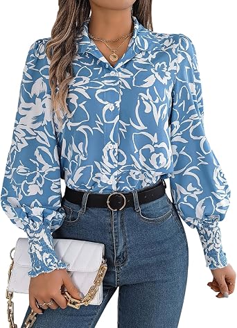 Xixiuly Womens Elegant Floral Print Lantern Sleeve Lapel Collared Long Sleeve Button Down Blouse Tops Casual Office Shirts