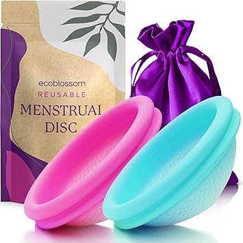 قرص الحيض القابل لإعادة الاستخدام Ecoblossom - مجموعة من 2 كأس الطمث - قرص فترة ناعمة للنساء مصمم مع كأس مرن من السيليكون من الدرجة الطبية مجموعة كبيرة من 2 ، أرجواني